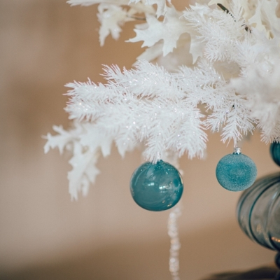 <p>Blue glass cruet vase filled with eternal Christmas glittered white branches, sugar paper glass Christmas balls and ice effect pendants. Ideal for those who do not have time or desire to make the classic Christmas tree. It is the classic blue pantone color for Christmas 2020.<br>
H= 32 cm<br>
D= 25 cm</p> - Floralia